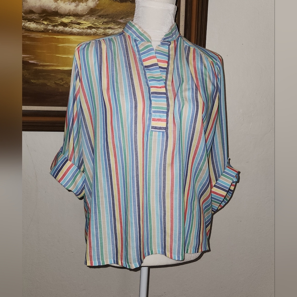 Vintage Teddi Of California 1960s 1970s Cotton Stripe Split Neckline Tunic Top